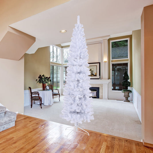 HKM-541331 7.5 Feet White Slender Faux Christmas Tree with Foldable Metal Stand
