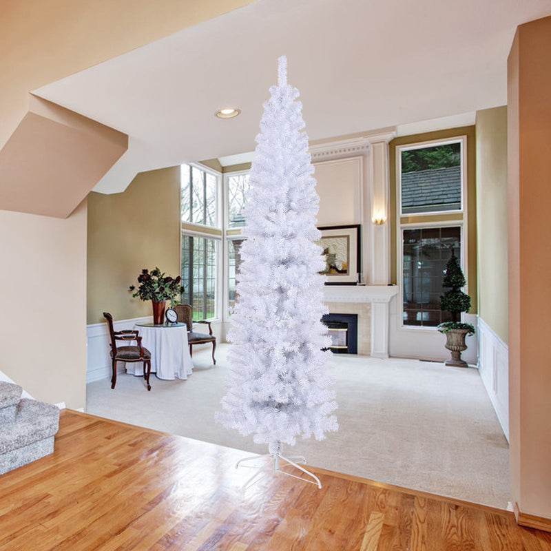 HKM-541331 7.5 Feet White Slender Faux Christmas Tree with Foldable Metal Stand