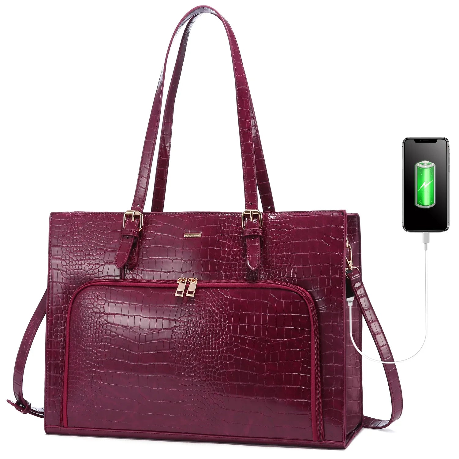 HKM-541587 15.6 in Leather Work Tote Bag with USB Port for Business, School, and Travel - Laptop Briefcase for Women