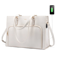 HKM-541587 15.6 in Leather Work Tote Bag with USB Port for Business, School, and Travel - Laptop Briefcase for Women