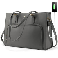 HKM-541587 15.6 in Leather Work Tote Bag with USB Port for Business, School, and Travel - Laptop Briefcase for Women