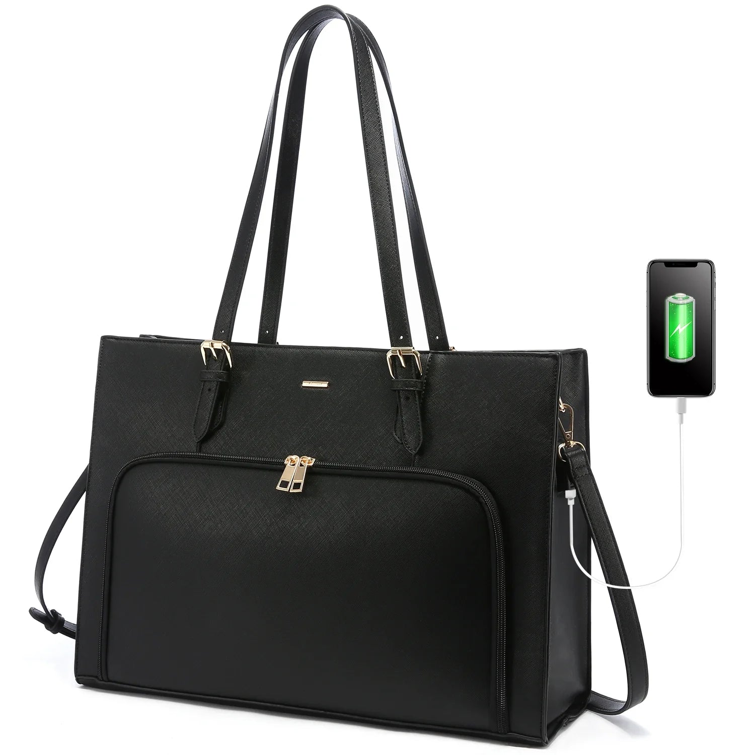 HKM-541587 15.6 in Leather Work Tote Bag with USB Port for Business, School, and Travel - Laptop Briefcase for Women
