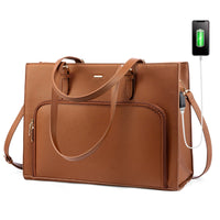 HKM-541587 15.6 in Leather Work Tote Bag with USB Port for Business, School, and Travel - Laptop Briefcase for Women
