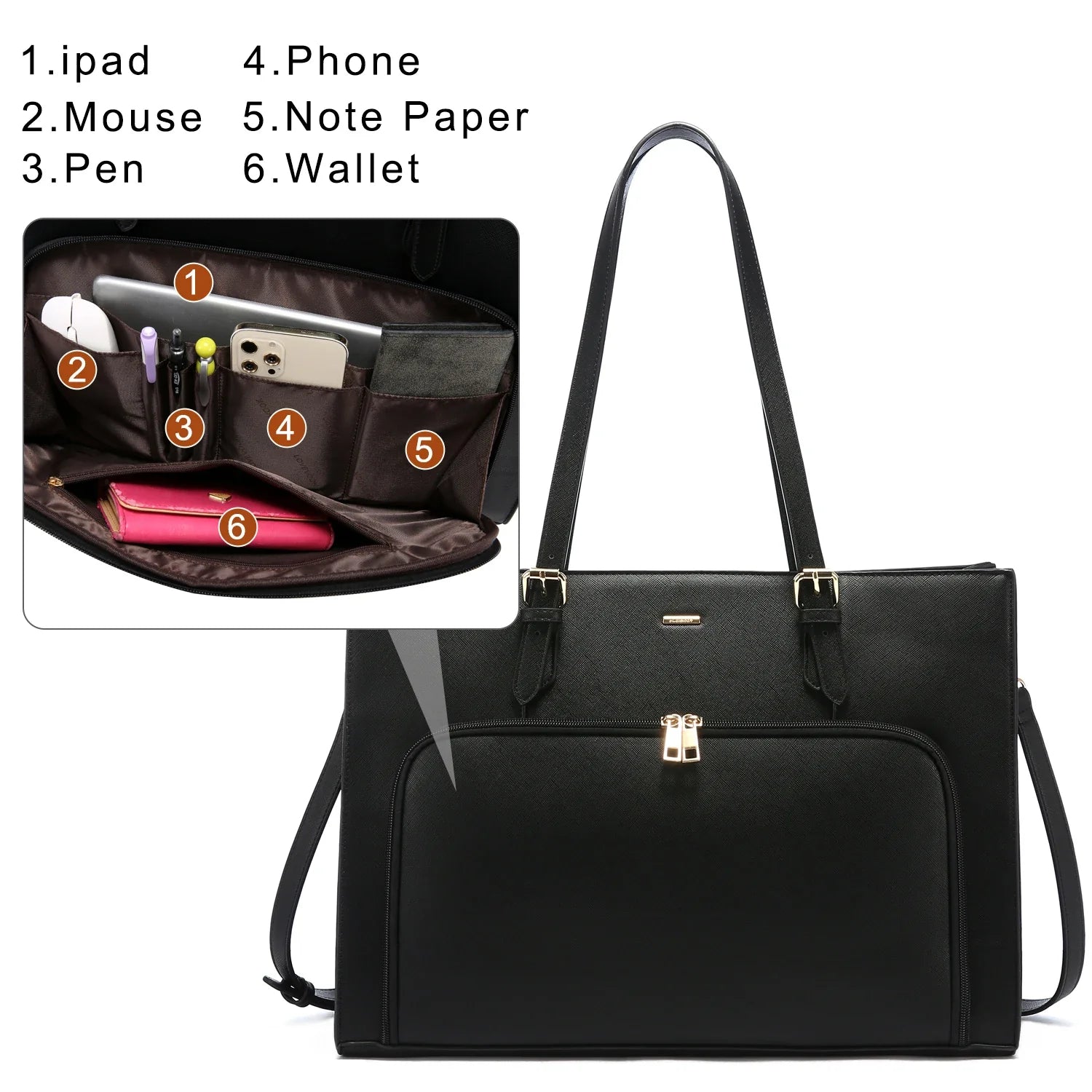 HKM-541587 15.6 in Leather Work Tote Bag with USB Port for Business, School, and Travel - Laptop Briefcase for Women