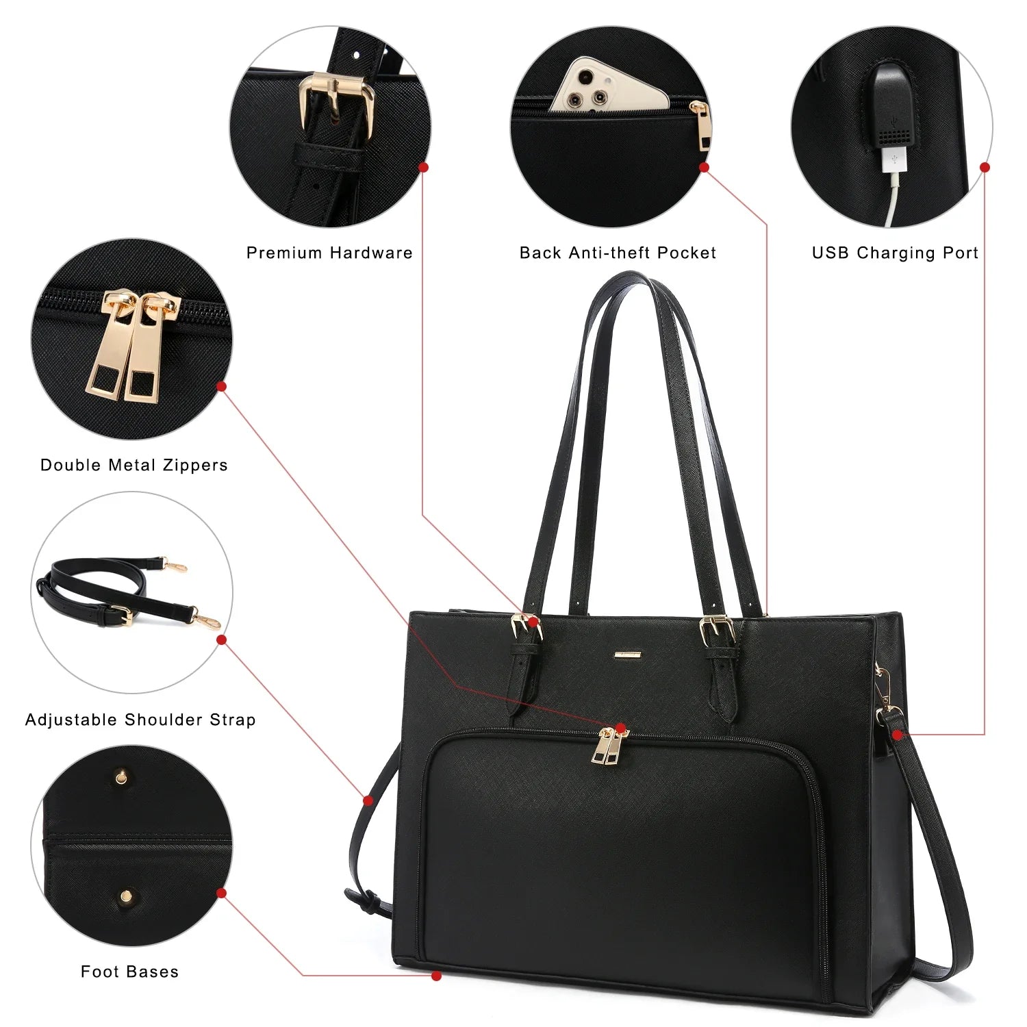 HKM-541587 15.6 in Leather Work Tote Bag with USB Port for Business, School, and Travel - Laptop Briefcase for Women