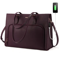 HKM-541587 15.6 in Leather Work Tote Bag with USB Port for Business, School, and Travel - Laptop Briefcase for Women