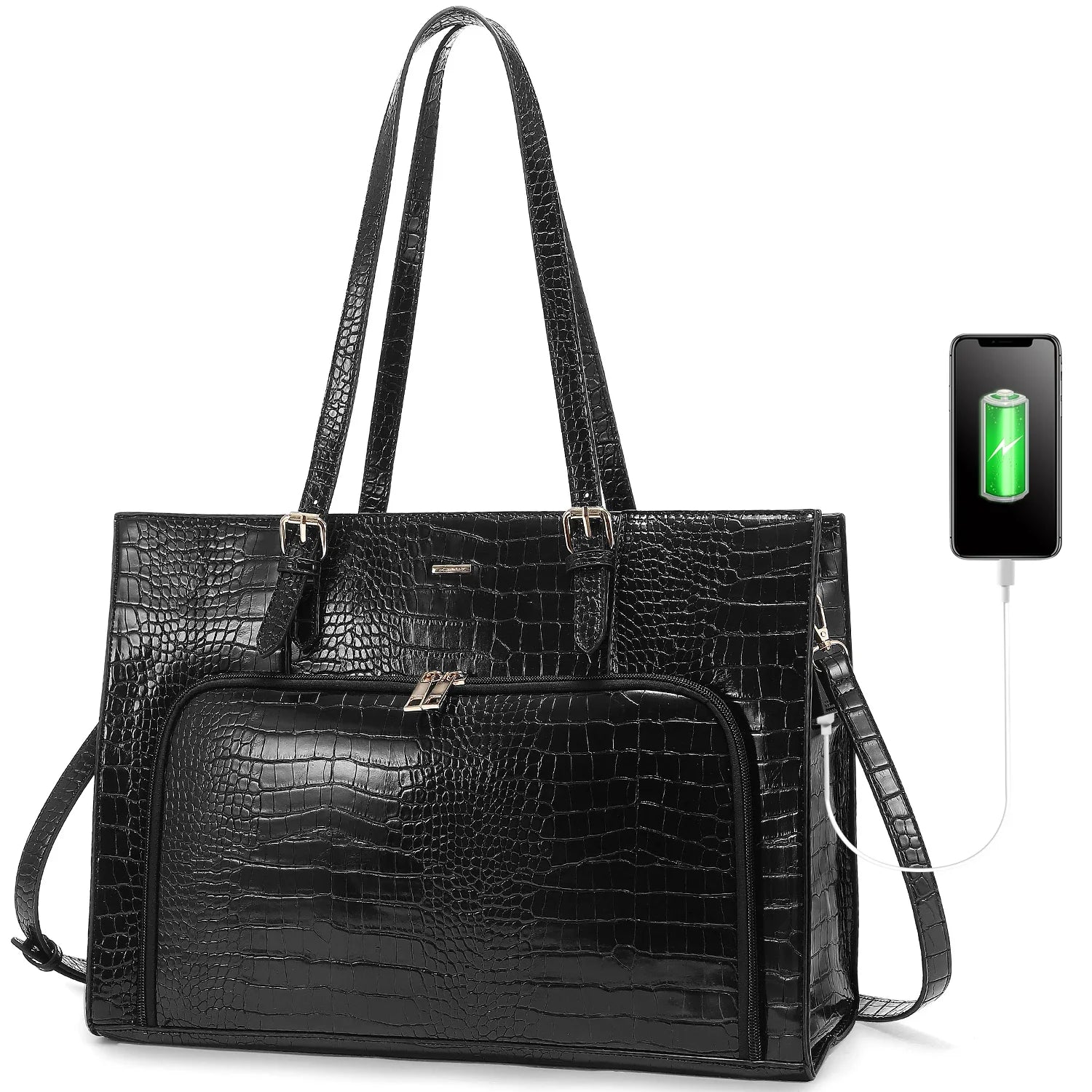 HKM-541587 15.6 in Leather Work Tote Bag with USB Port for Business, School, and Travel - Laptop Briefcase for Women