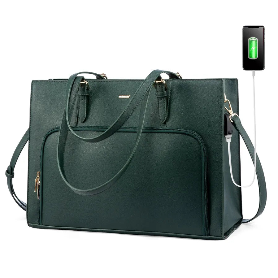 HKM-541587 15.6 in Leather Work Tote Bag with USB Port for Business, School, and Travel - Laptop Briefcase for Women