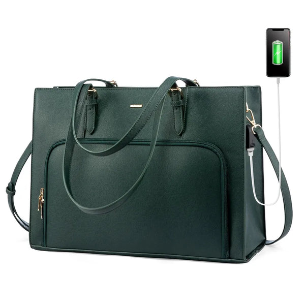 HKM-541587 15.6 in Leather Work Tote Bag with USB Port for Business, School, and Travel - Laptop Briefcase for Women