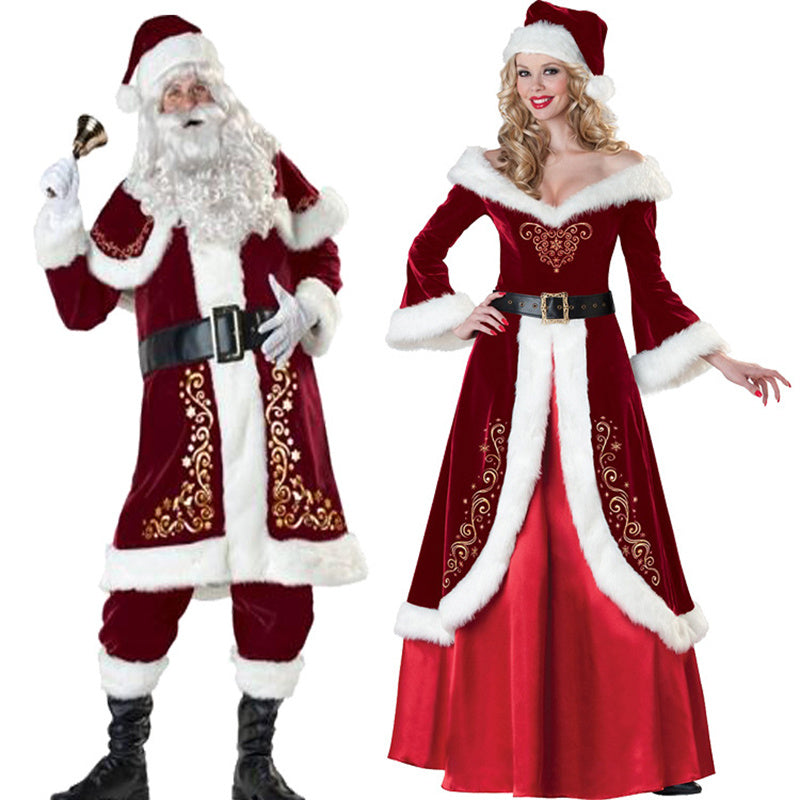 HKM-541651 Santa Couple Costume Set for Christmas - Corduroy Outfit with Wig & Beard - Adult Sizes M to 5XL