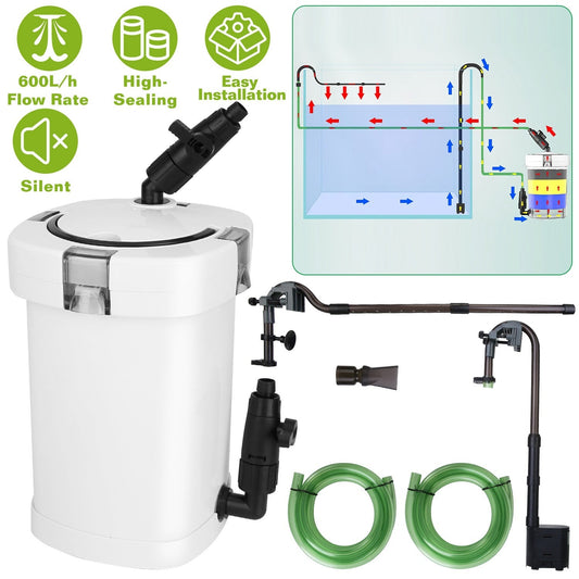 HKM-541715 3-Stage External Canister Filter for Aquariums - 600L/h Flow Rate, 35.4in Height, Easy Installation
