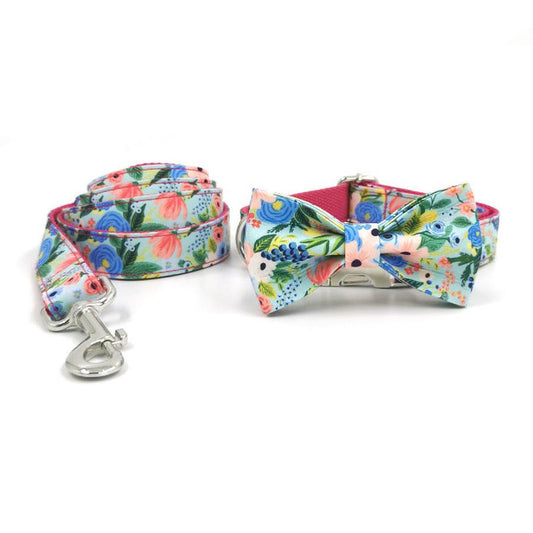 HKM-541907 Red Midsummer Garden Bow Tie Pet Collar with Leash - Polyester Material, Available in Multiple Sizes