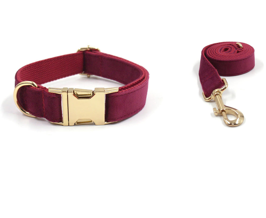 HKM-5419325 Burgundy Velvet Pet Collar with Engraved Gold Clasp for Dogs, Available in Multiple Sizes