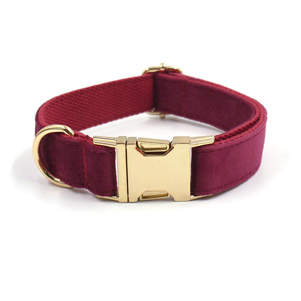 HKM-5419325 Burgundy Velvet Pet Collar with Engraved Gold Clasp for Dogs, Available in Multiple Sizes