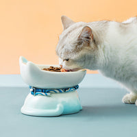 HKM-5423421 Ceramic Cat Food Bowl - Cervical Vertebra Design in Blue and Pink