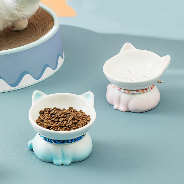 HKM-5423421 Ceramic Cat Food Bowl - Cervical Vertebra Design in Blue and Pink