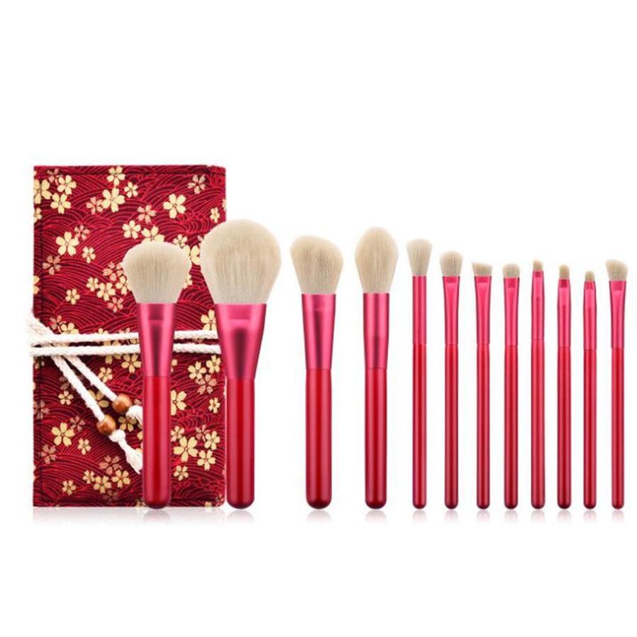 HKM-542419 Red Makeup Brush Set with Wooden Handle - 12pcs Professional Quality Tools for Easy Application