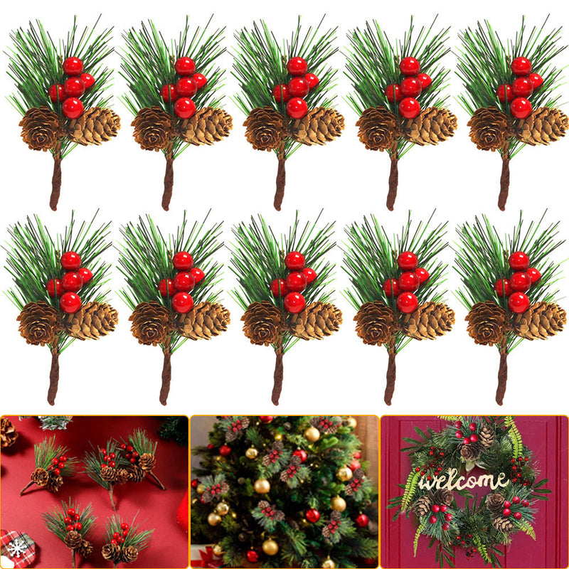HKM-542483 10pcs Artificial Pine Picks with Mini Berries and Pinecones for Holiday Decorations and Floral Arrangements
