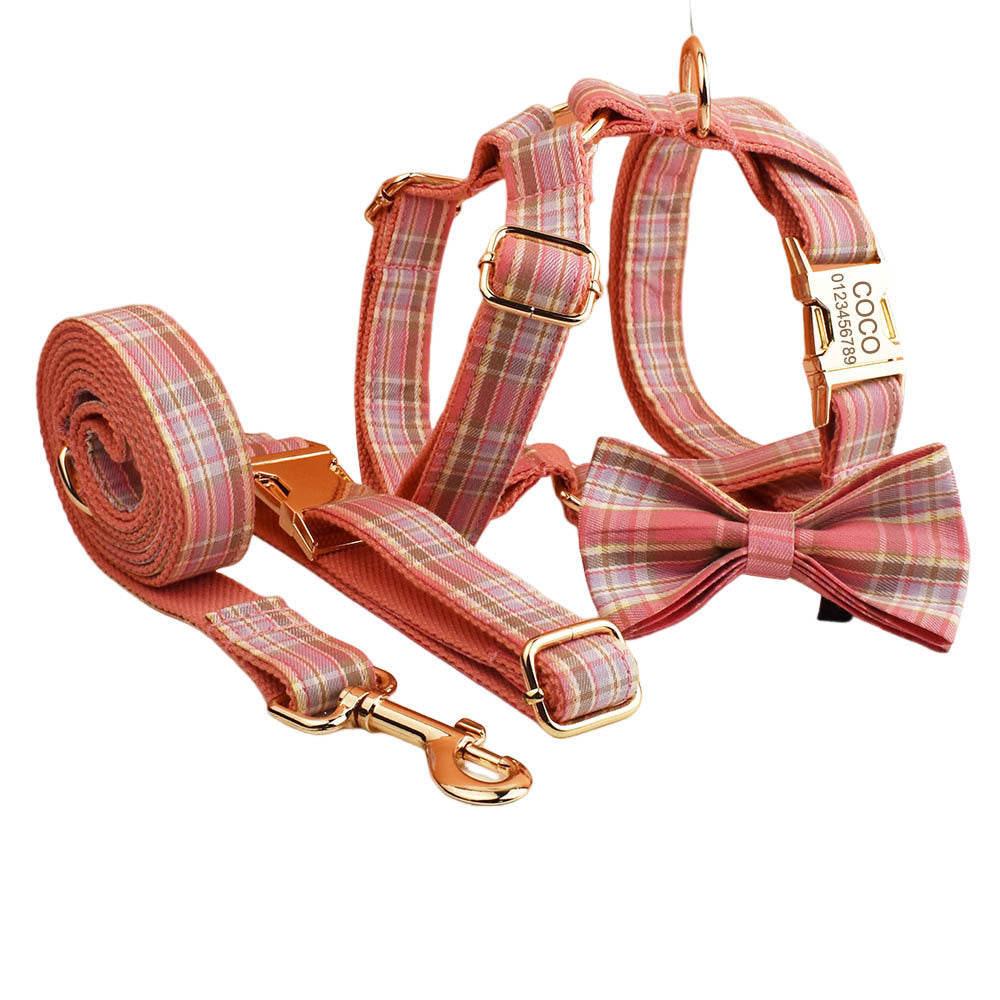 HKM-542547 Plaid Dog Collar and Leash Set with Bow and Vest - Stylish Pet Accessory for Various Occasions
