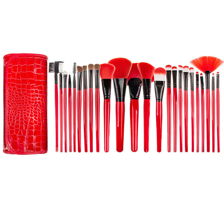HKM-542611 24-Piece Red Makeup Brush Set with Nylon Bristles and Wooden Handles