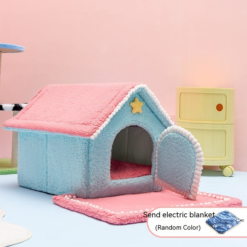 HKM-5427261 Four Seasons Universal Pet Bed with Electric Blanket ¨C Cozy Cloth Design in Pink and Green