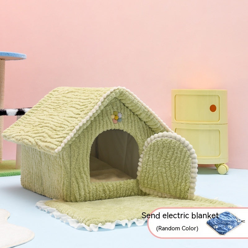HKM-5427261 Four Seasons Universal Pet Bed with Electric Blanket ¨C Cozy Cloth Design in Pink and Green