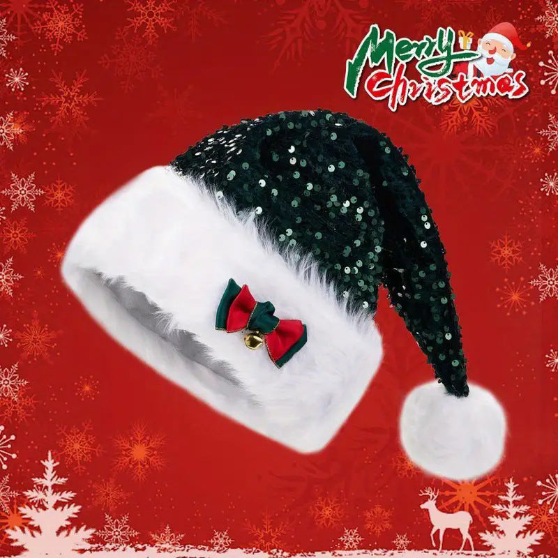 HKM-542803 Festive Red Paillette Bowknot Plush Christmas Hat with Green Sequined Detail