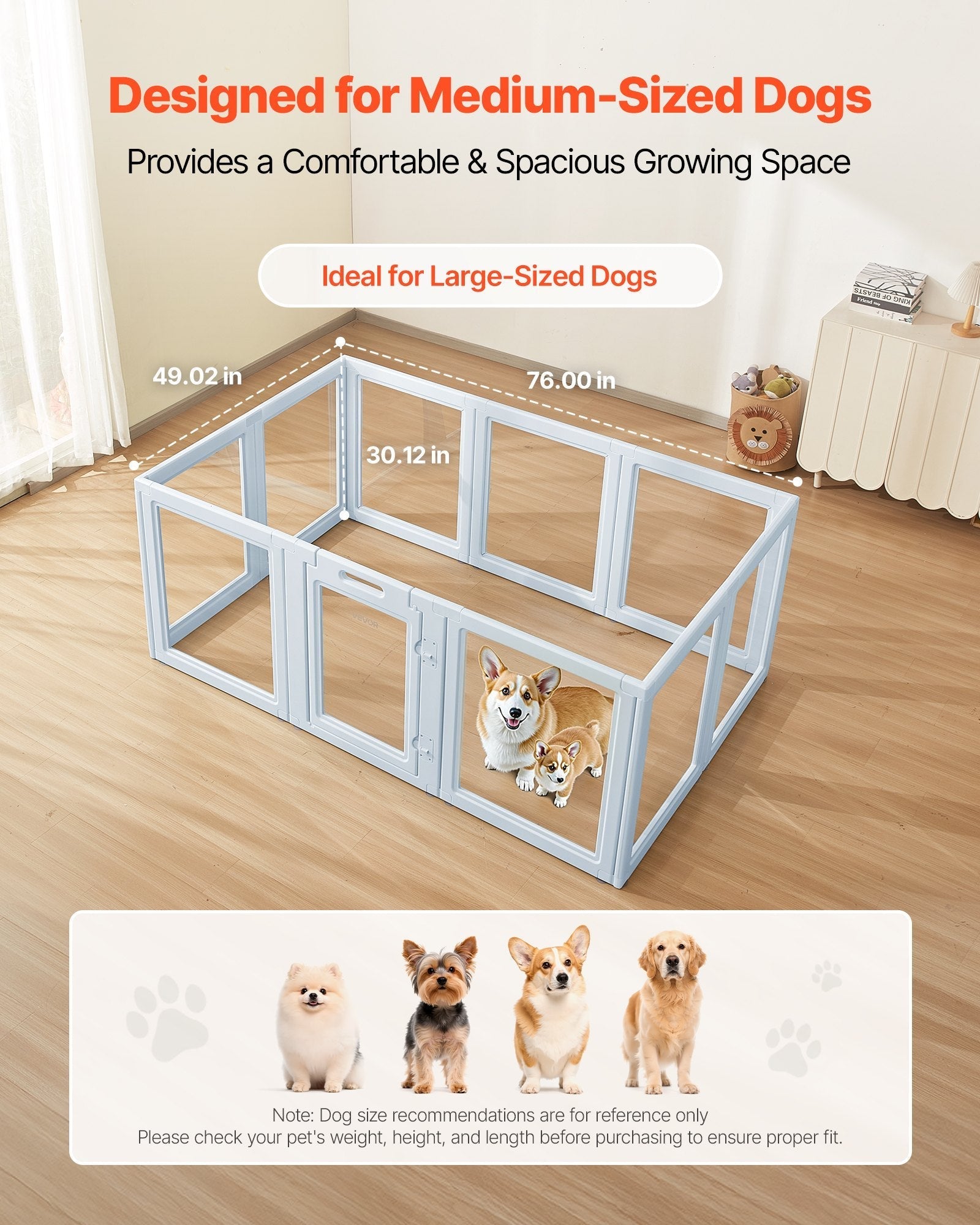 HKM-5432637 Transparent Whelping Box Playpen for Large Dogs - 76x49x30 Inch Easy Assembly Design