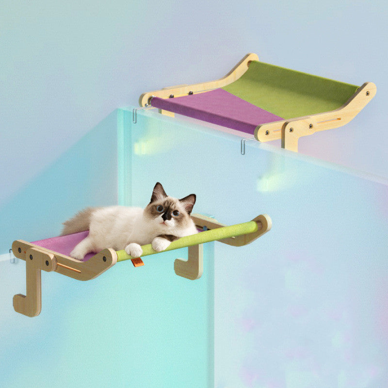 HKM-5436349 Hanging Cat Hammock for Windowsill - Wooden Multi-layer Plywood, Cotton Canvas, Stainless Steel Hardware