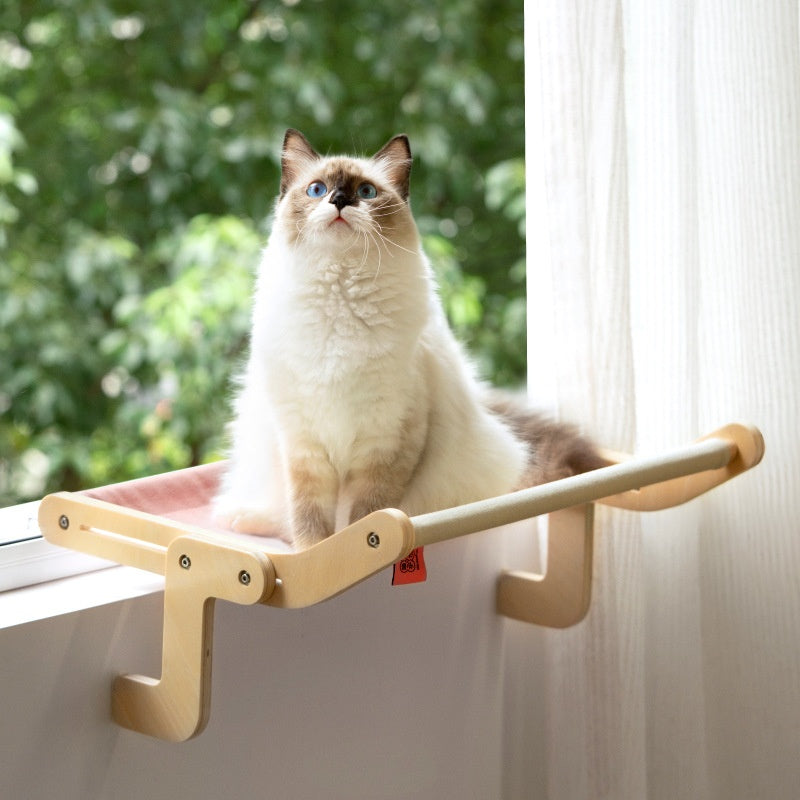 HKM-5436349 Hanging Cat Hammock for Windowsill - Wooden Multi-layer Plywood, Cotton Canvas, Stainless Steel Hardware
