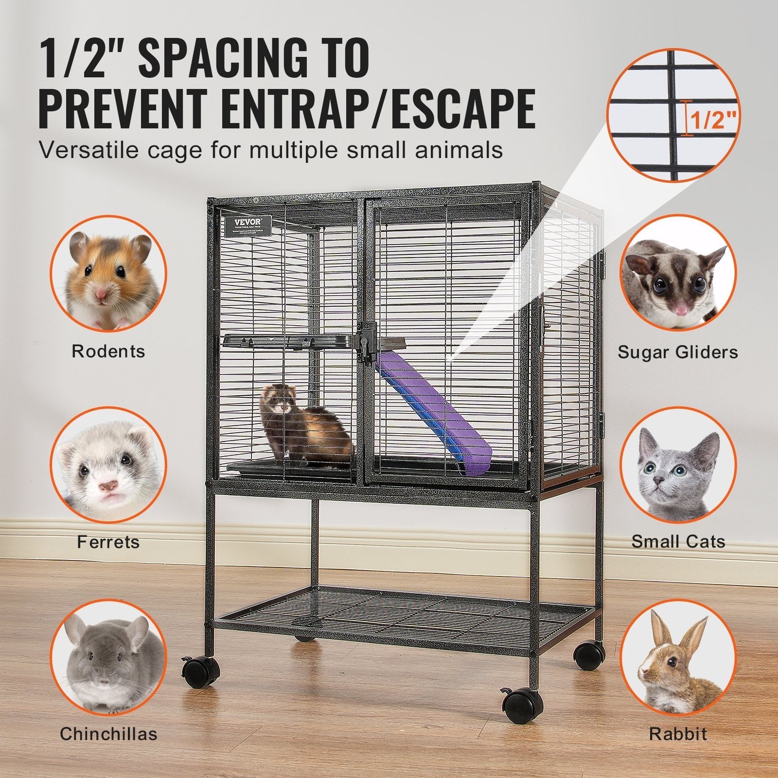 HKM-5438397 34-Inch Two-Tier Ferret Cage with Rolling Tray and Non-Slip Ramp for Small Animals