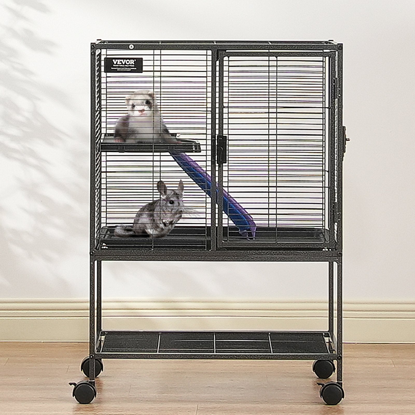 HKM-5438397 34-Inch Two-Tier Ferret Cage with Rolling Tray and Non-Slip Ramp for Small Animals
