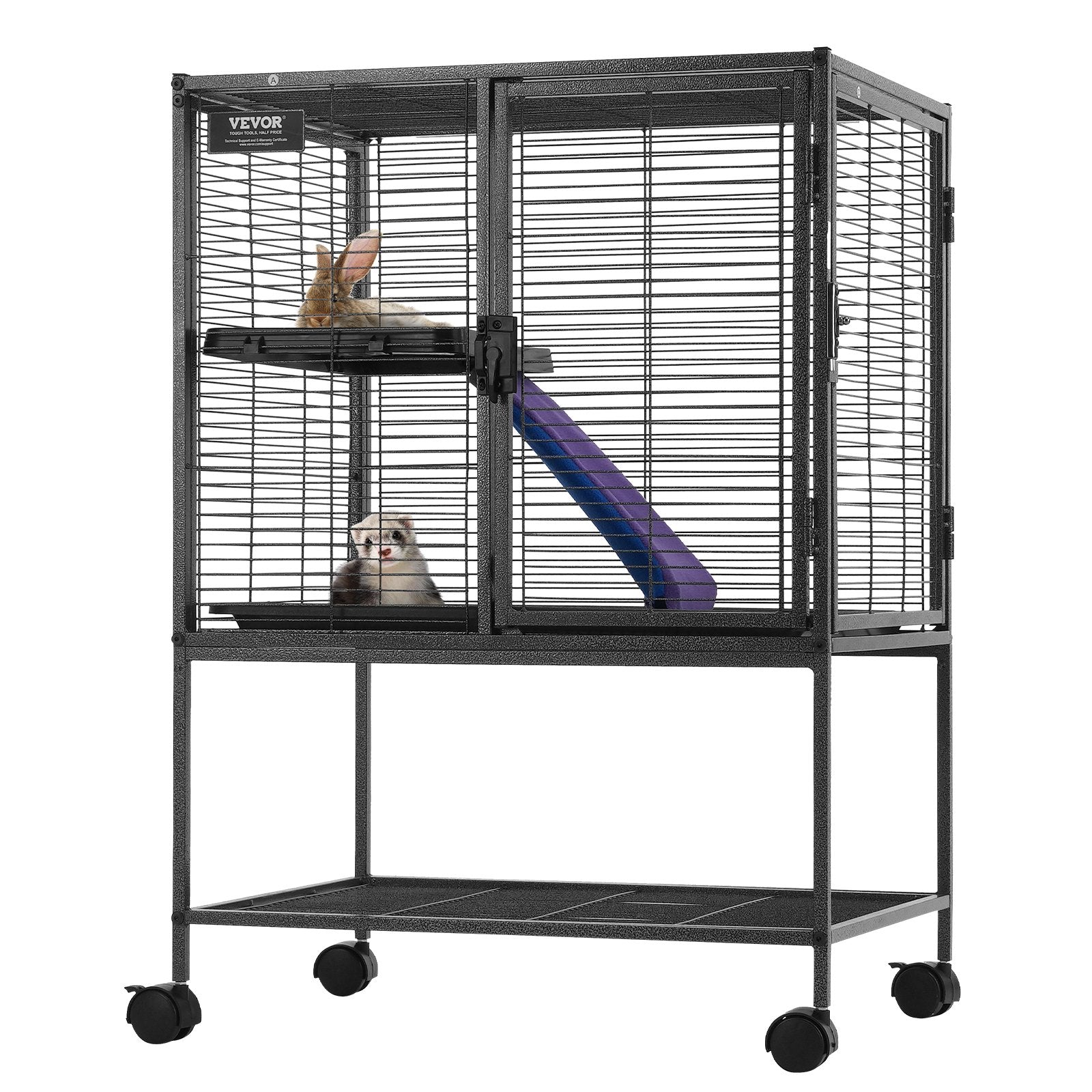 HKM-5438397 34-Inch Two-Tier Ferret Cage with Rolling Tray and Non-Slip Ramp for Small Animals