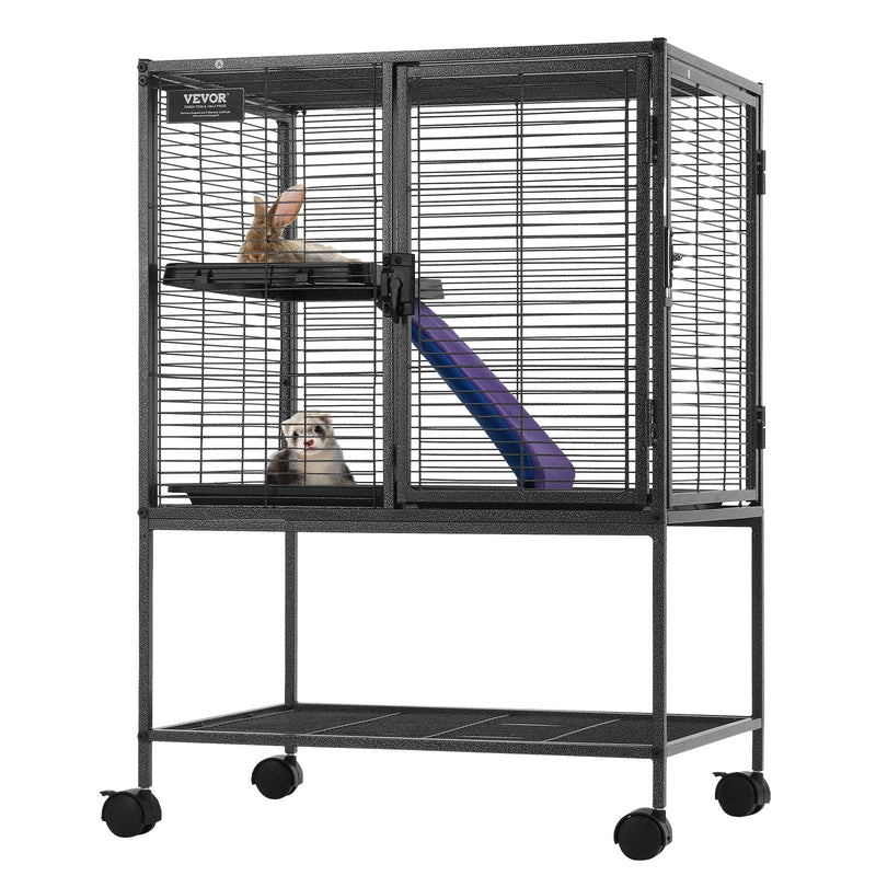 HKM-5438397 34-Inch Two-Tier Ferret Cage with Rolling Tray and Non-Slip Ramp for Small Animals
