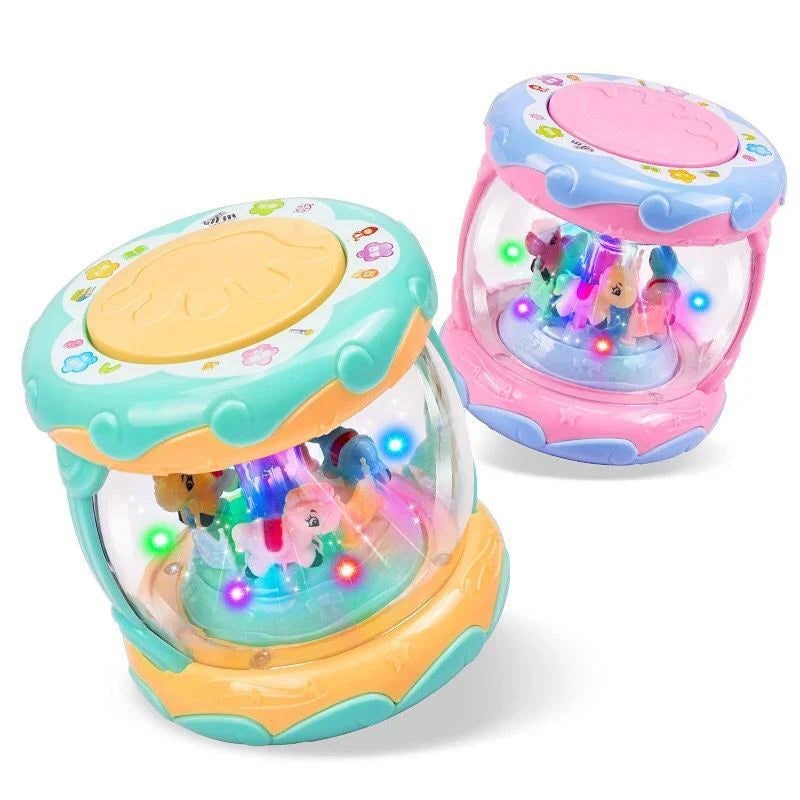 HKM-544083 Multifunctional Educational Musical Hand Drum for Preschool Learning, Carousel Design, ABS Plastic, Unisex, Yellow & Pink