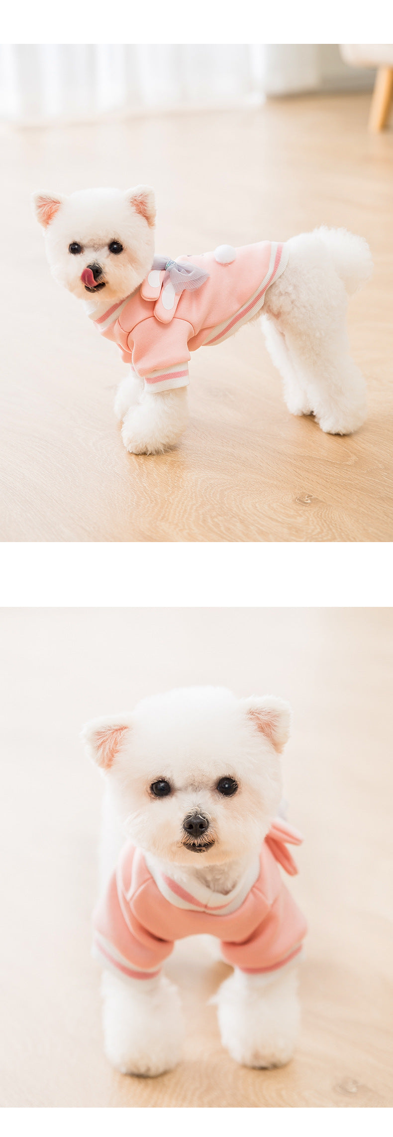 HKM-5445565 Cute Cartoon Dog Sweater with Three-Dimensional Rabbit Ears and Mesh Bow in Sakura Pink Pastel