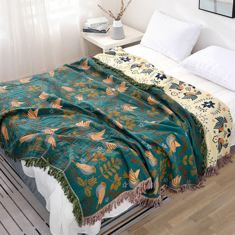 HKM-544659 Summer Cotton Gauze Blanket for Two - Landscape Pattern, Available in Bird Green and Bird Blue, Multiple Sizes