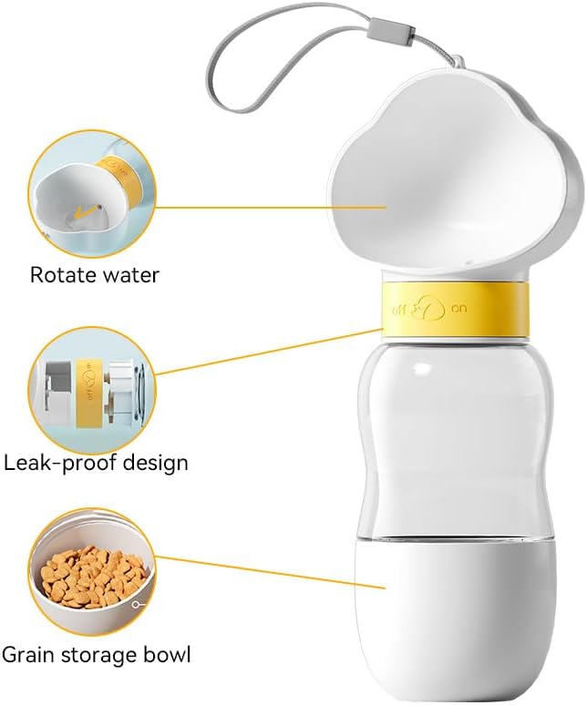 HKM-5447741 Portable Dog Water Bottle with Food Bowl, Leak-Proof, 550ml Capacity for Small Pets - Ideal for Travel and Outdoor Activities