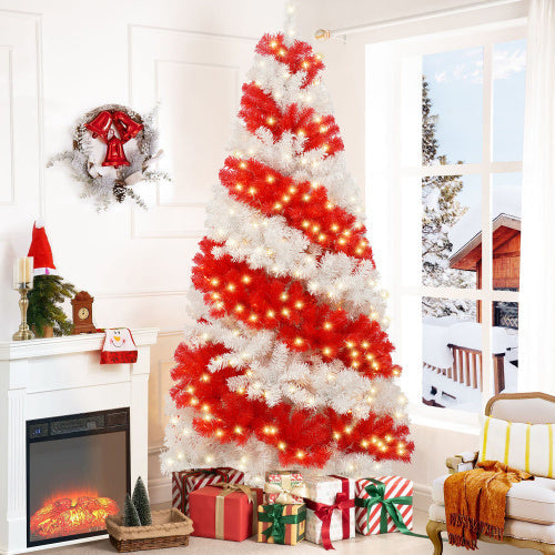 HKM-544787 6ft Red and White Candy Cane Artificial Christmas Tree with 300 LED Lights and 900 Bendable Branches
