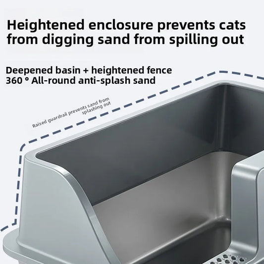 HKM-544787 Large Square Semi-Enclosed Cat Litter Tray with 20L Capacity, Stainless Steel, Odor Control, Eco-Friendly Design