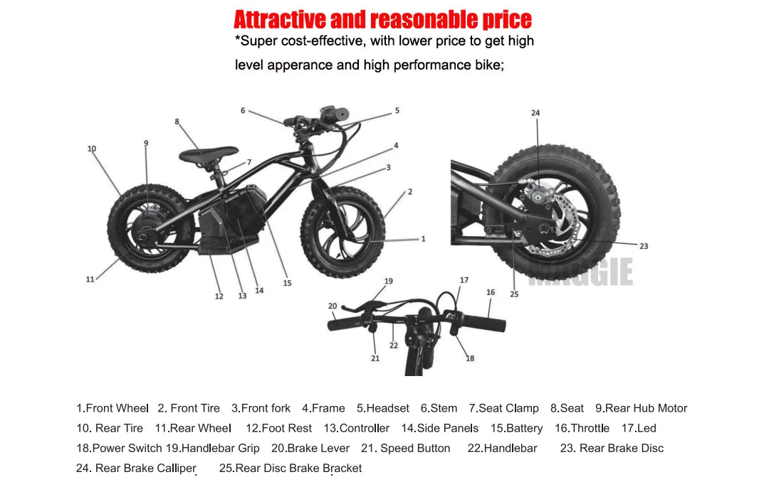 HKM-544915 250W 36V 12" to 20" Electric Balance Bike for Kids with Disc Brake and Suspension