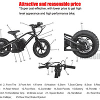 HKM-544915 250W 36V 12" to 20" Electric Balance Bike for Kids with Disc Brake and Suspension