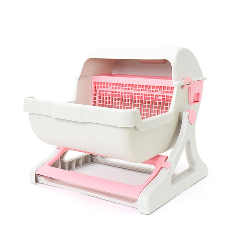 HKM-5451709 Semi-Enclosed Cat Litter Box with Tipping Bucket - Available in Beige, Green, and Pink