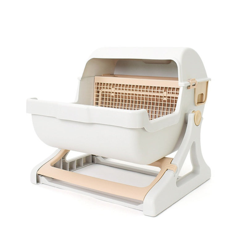 HKM-5451709 Semi-Enclosed Cat Litter Box with Tipping Bucket - Available in Beige, Green, and Pink