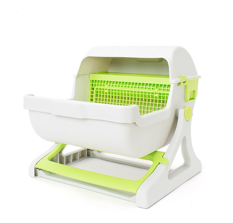HKM-5451709 Semi-Enclosed Cat Litter Box with Tipping Bucket - Available in Beige, Green, and Pink