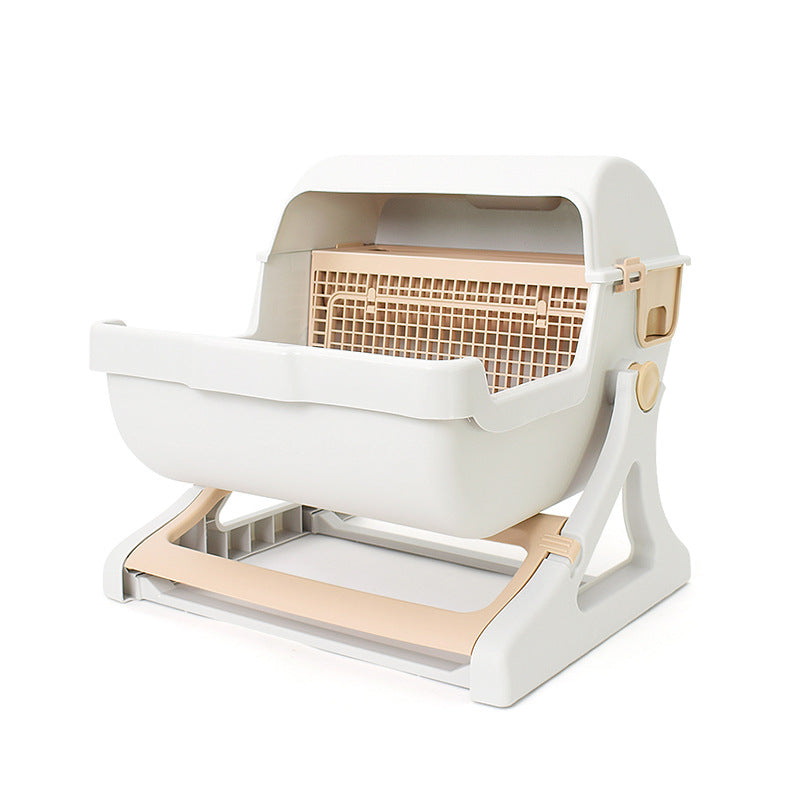 HKM-5451709 Semi-Enclosed Cat Litter Box with Tipping Bucket - Available in Beige, Green, and Pink