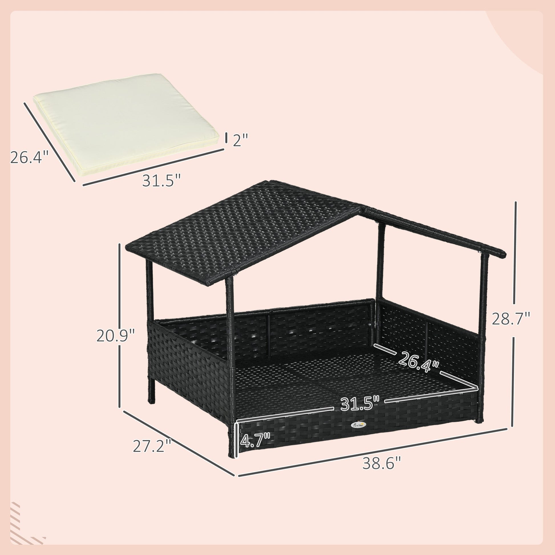 HKM-5454653 Cream White Wicker Dog House with Removable Cushion for Small to Medium Pets