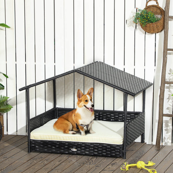 HKM-5454653 Cream White Wicker Dog House with Removable Cushion for Small to Medium Pets
