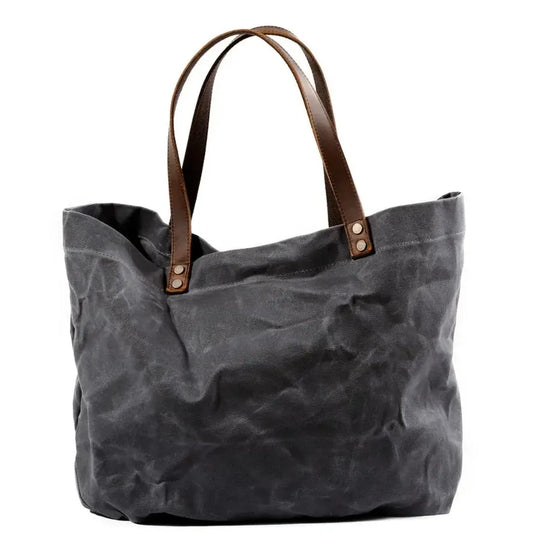 HKM-545555 Large Capacity Waterproof Oil Wax Canvas Handbag with Cowhide Trim - Versatile Shoulder Tote Bag