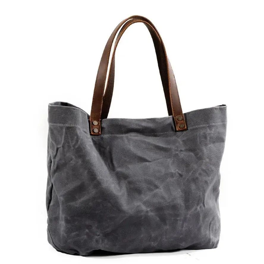 HKM-545555 Large Capacity Waterproof Oil Wax Canvas Handbag with Cowhide Trim - Versatile Shoulder Tote Bag